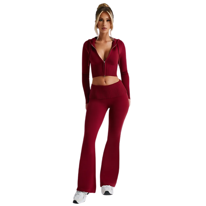 Two Piece Ribbed Zip Up Hoodie And Pant Set Maroon