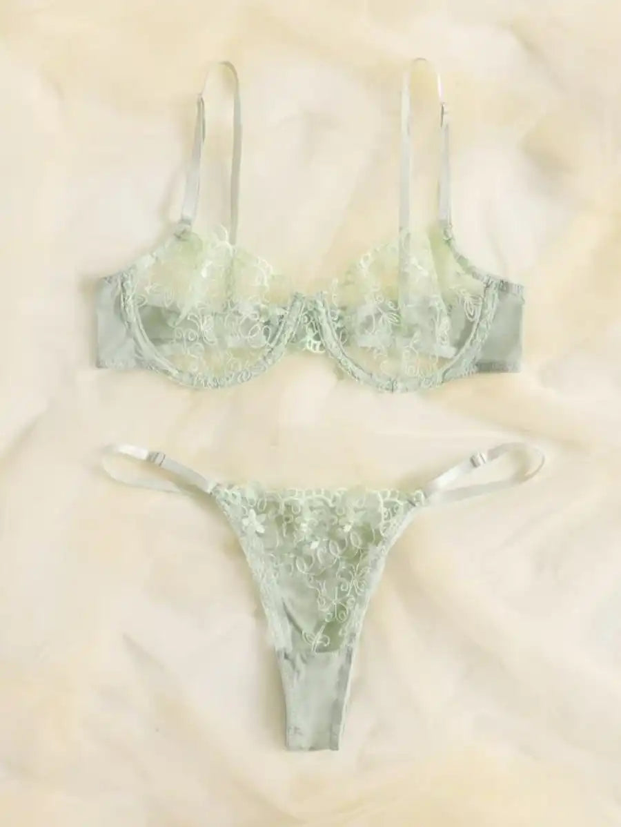 Sheer Mesh Embroidered Underwire Lingerie Set Green