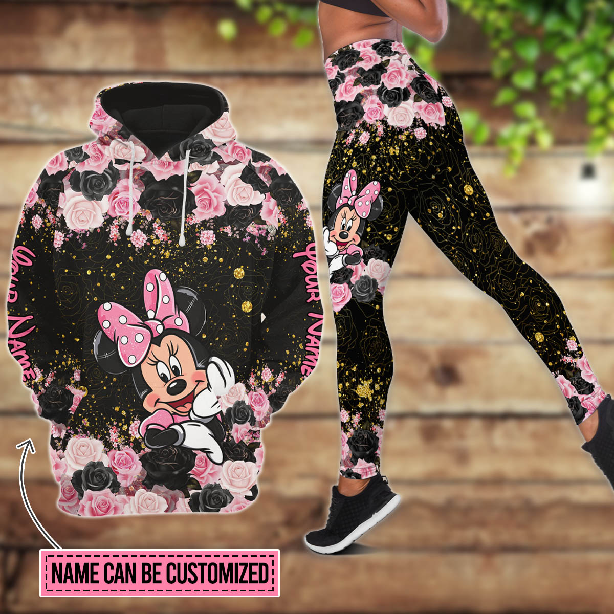 Custom Name Minnie Floral Hoodie And Leggings Set