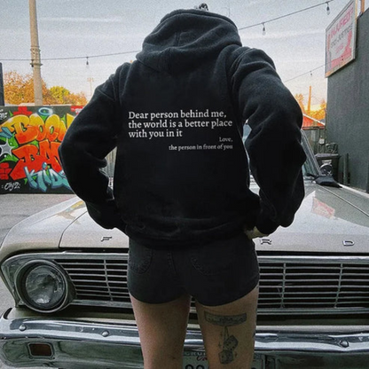 Quote Printed Pattern Hoodie Black