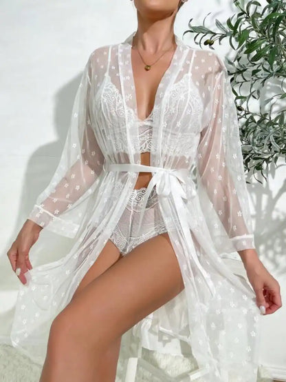 3 Pack Floral Lace Lingerie Set With Mesh Robe