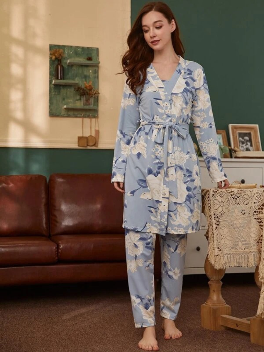 3 Piece Floral Print Belted Robe Set Blue