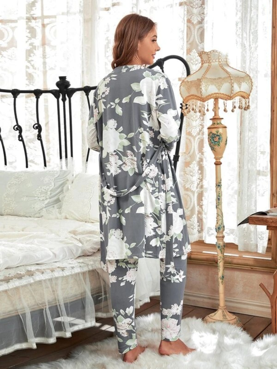 3 Piece Floral Print Belted Robe Set