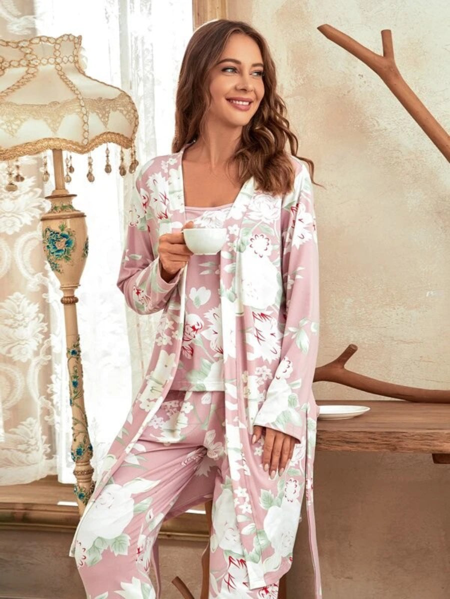 3 Piece Floral Print Belted Robe Set