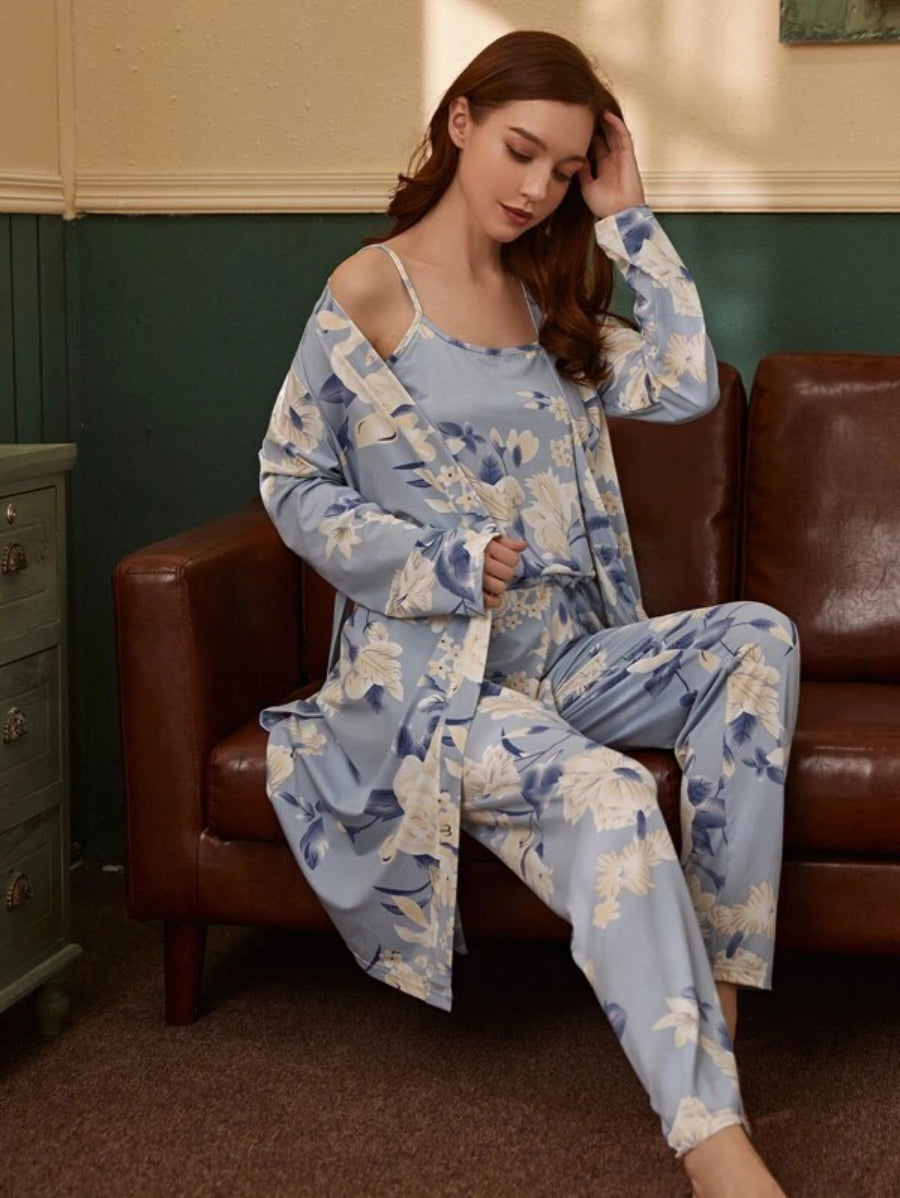 3 Piece Floral Print Belted Robe Set