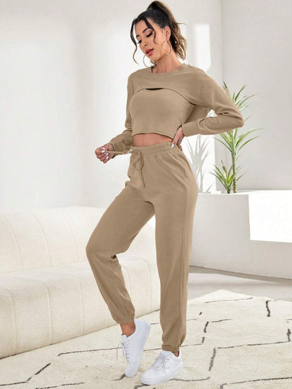 3 Pieces Tank Top Super Crop Pullover And Pants Lounge Set