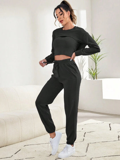 3 Pieces Tank Top Super Crop Pullover And Pants Lounge Set Black