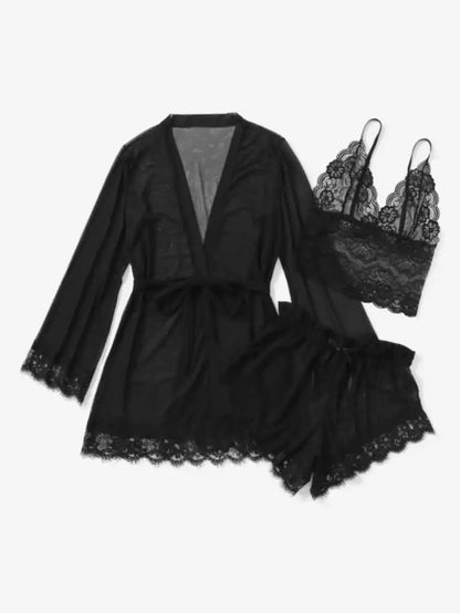 Contrast Lace Mesh Lingerie Set With Robe And Belt