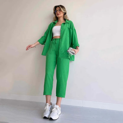 Solid Colored Long Sleeve Shirt And Casual Trousers Outfit Set Green