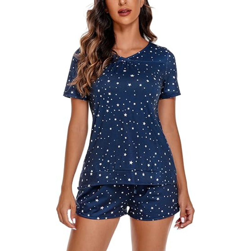 Solid Pajama And Short Set Blue White Print