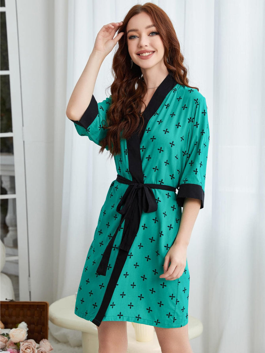 Allover Print Contrast Trim Belted Robe