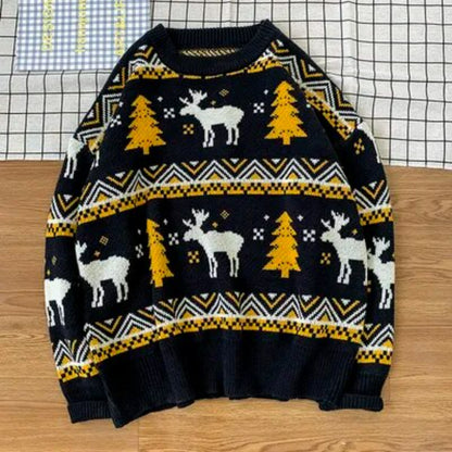 Animal And Christmas Tree Printed Pullover Sweater Black