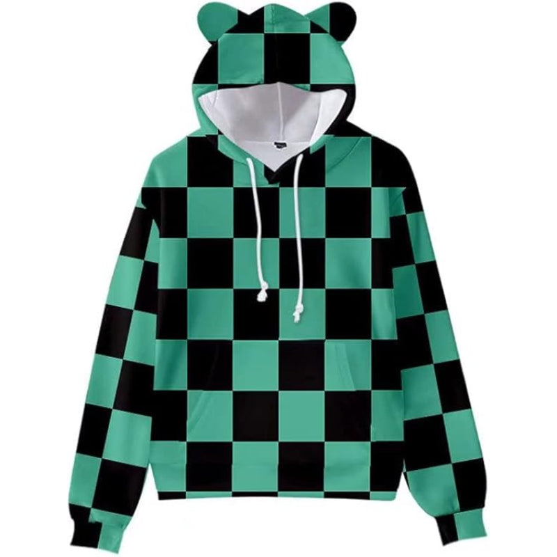 Anime Printed Hoodies Green Plaid