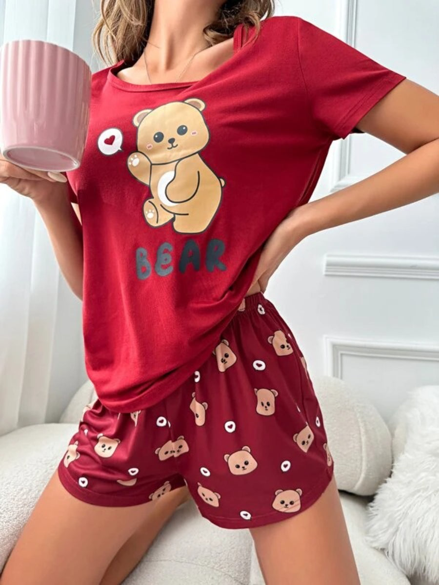 Bear And Letter Graphic Shorts Set Maroon