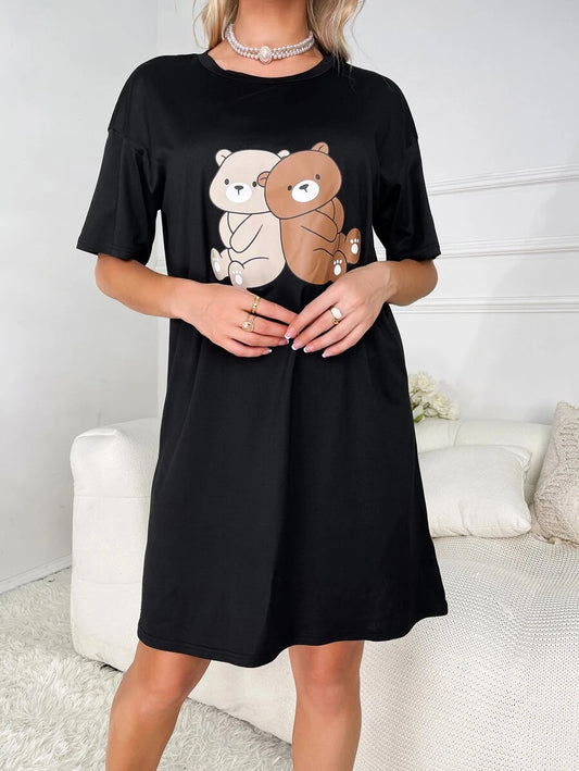 Bear Printed Nightdress Black