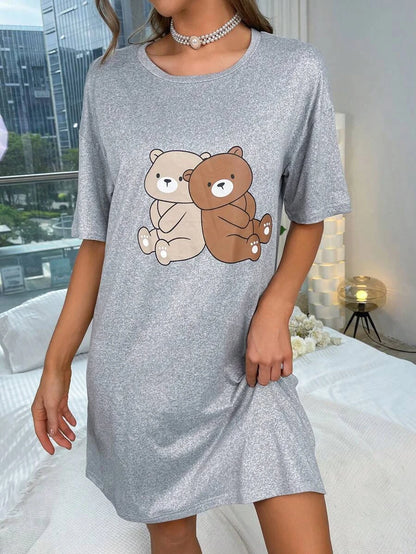 Bear Printed Nightdress Gray