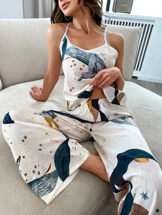 Bird And Leaf Print Crisscross Back Pajama Set