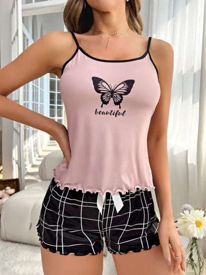Butterfly And Plaid Print Lettuce Trim Shorts Set