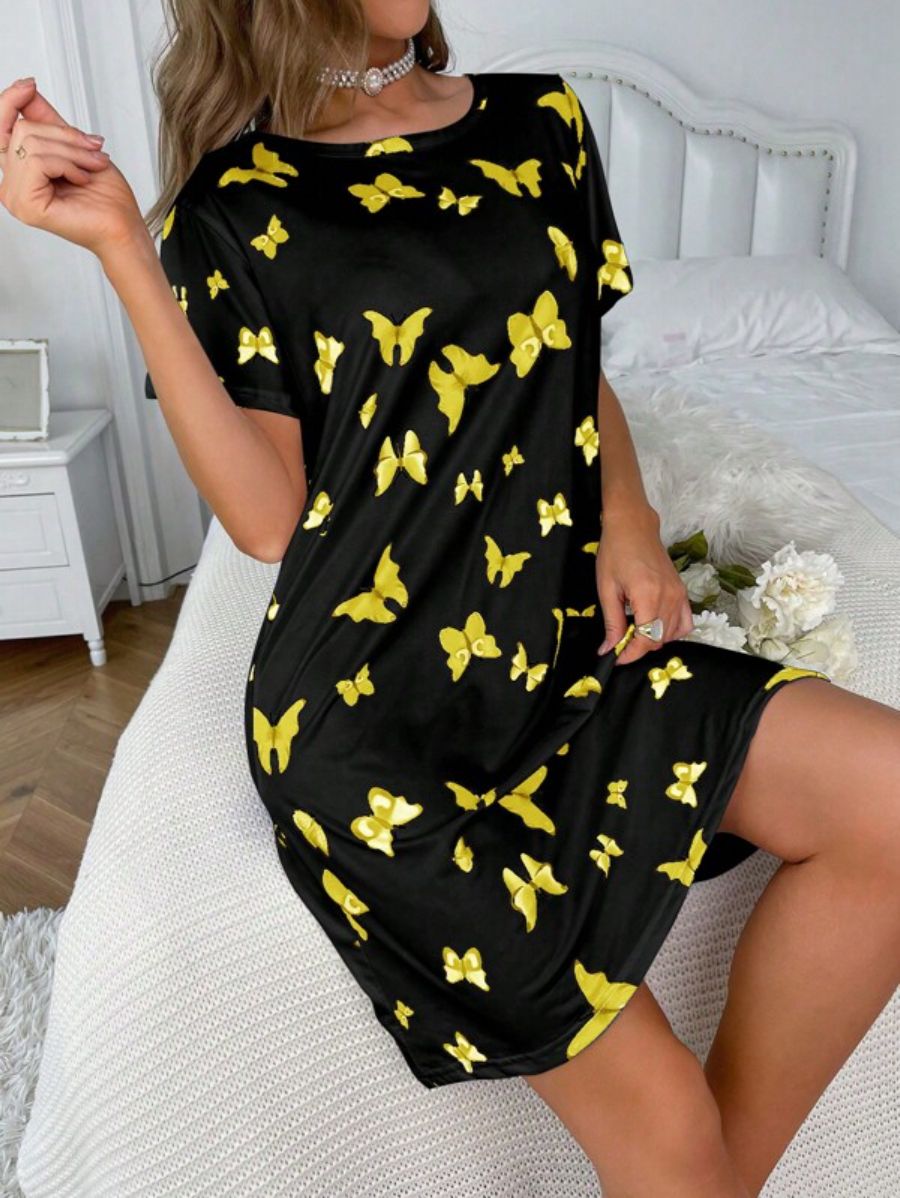 Butterfly Print Nightdress Black