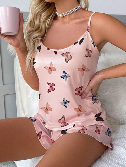 Butterfly Print Cami Top And Bow Front Shorts Set
