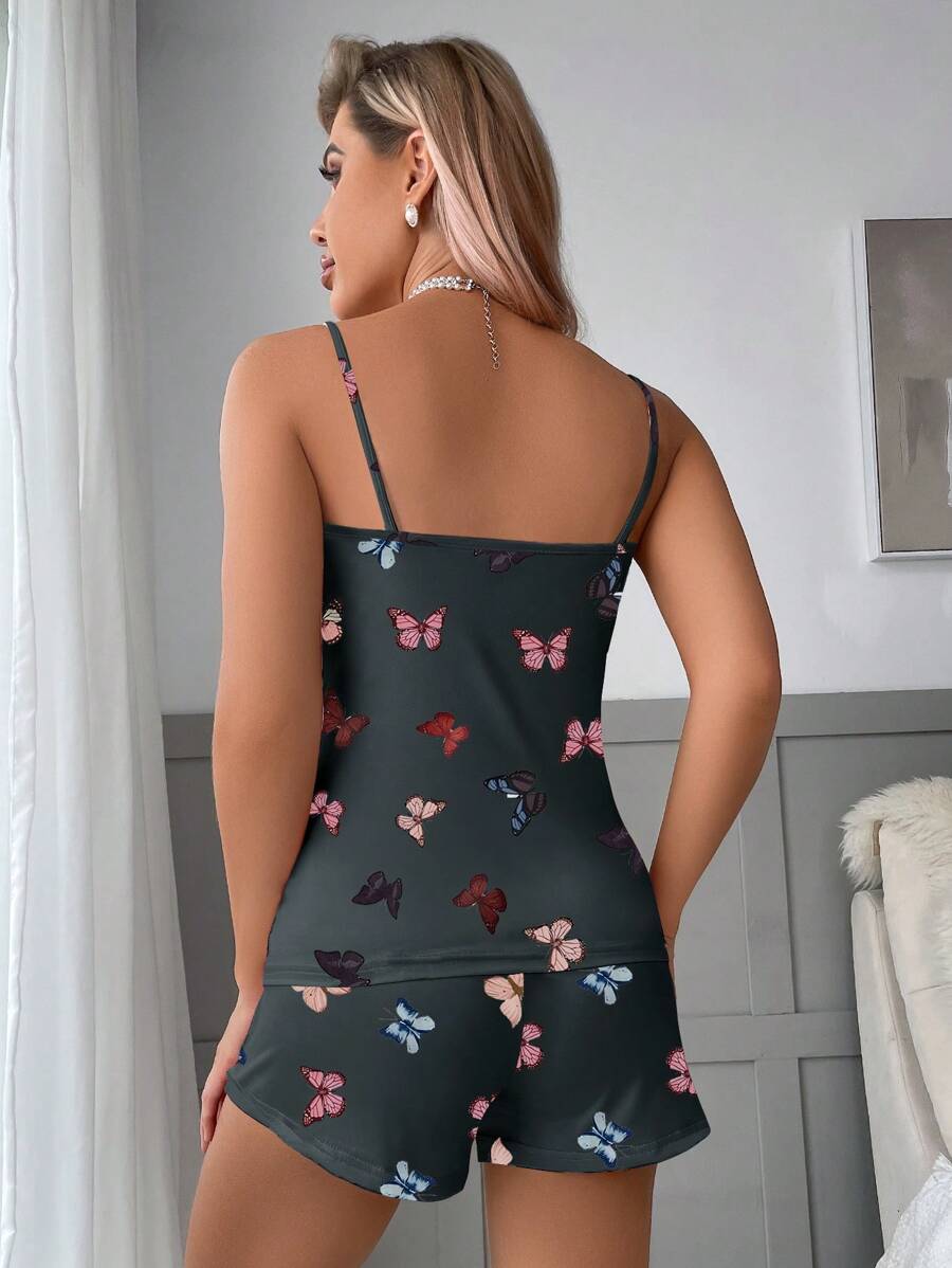 Butterfly Print Cami Top And Bow Front Shorts Set
