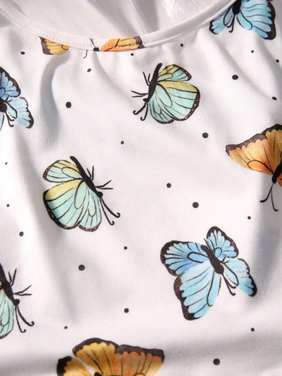 Butterfly Printed Lettuce Trim Pajama Set