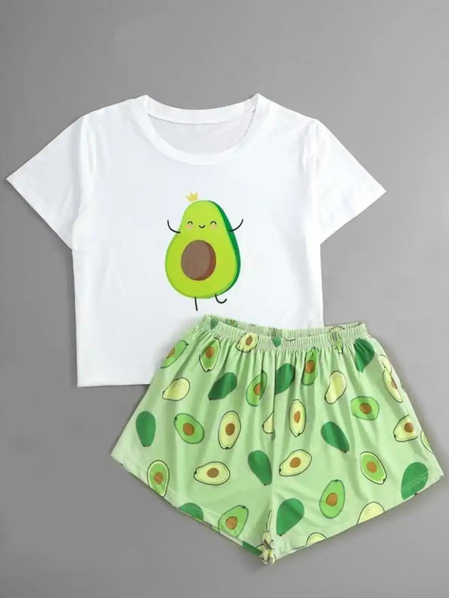 Cartoon Avocado Print Pajama Set White