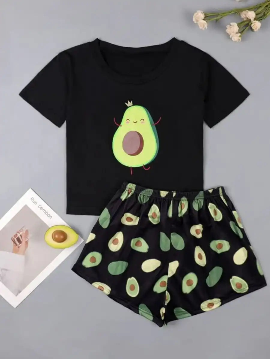 Cartoon Avocado Print Pajama Set