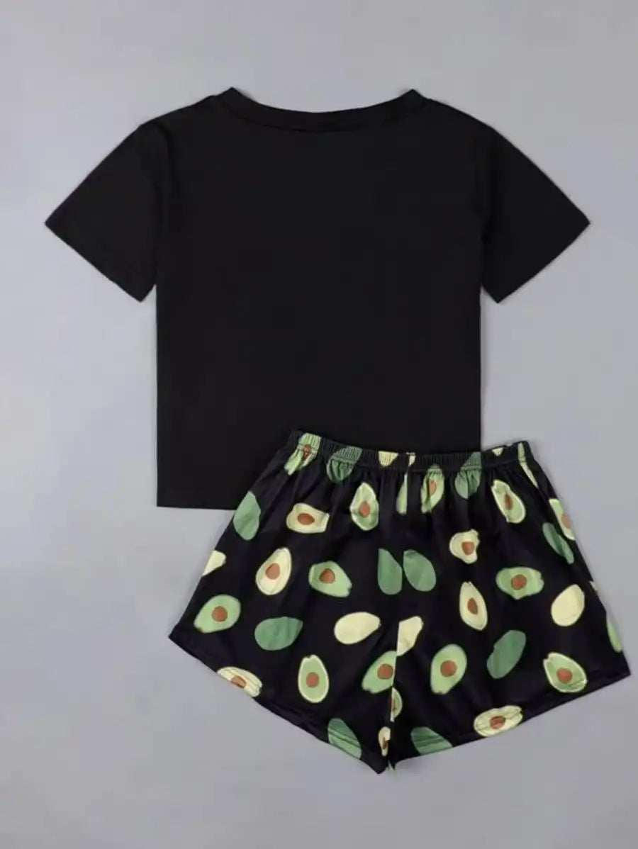 Cartoon Avocado Print Pajama Set