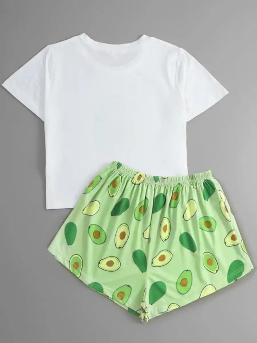 Cartoon Avocado Print Pajama Set