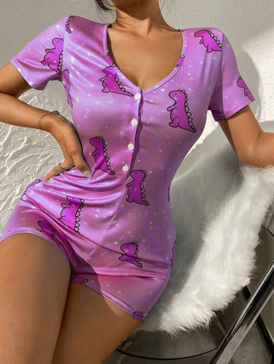 Cartoon Dinosaur Print Button Front Sleep Romper