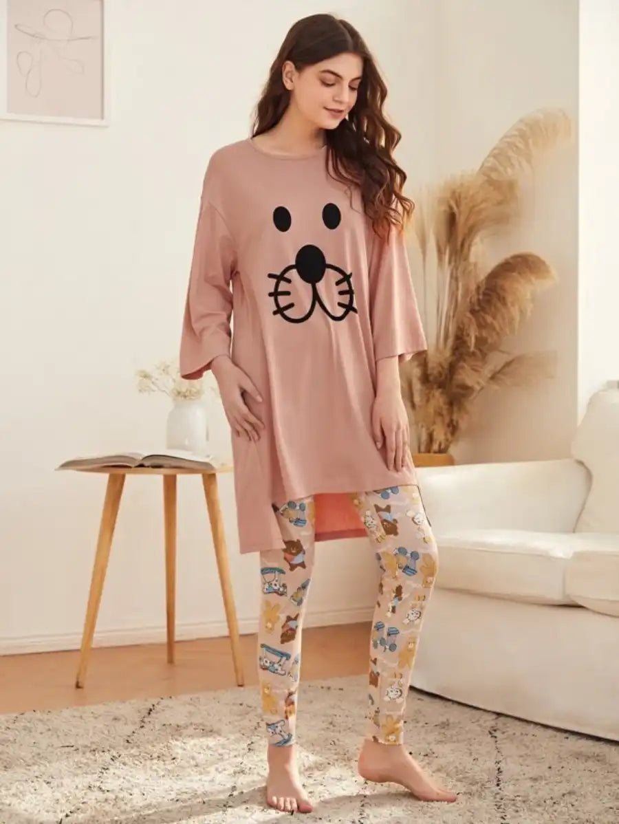 Cartoon Graphic High Low Tee And Leggings Set