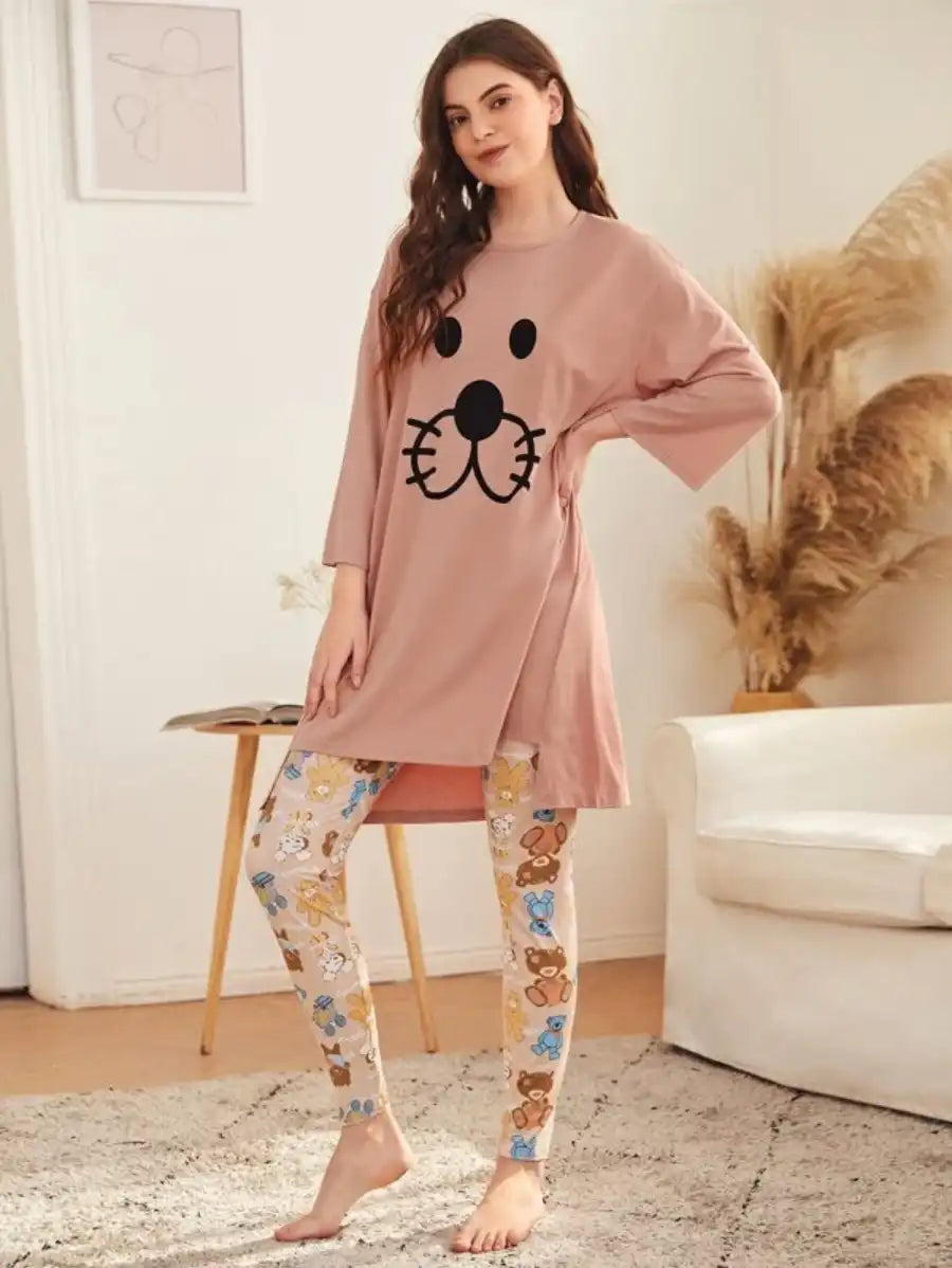 Cartoon Graphic High Low Tee And Leggings Set