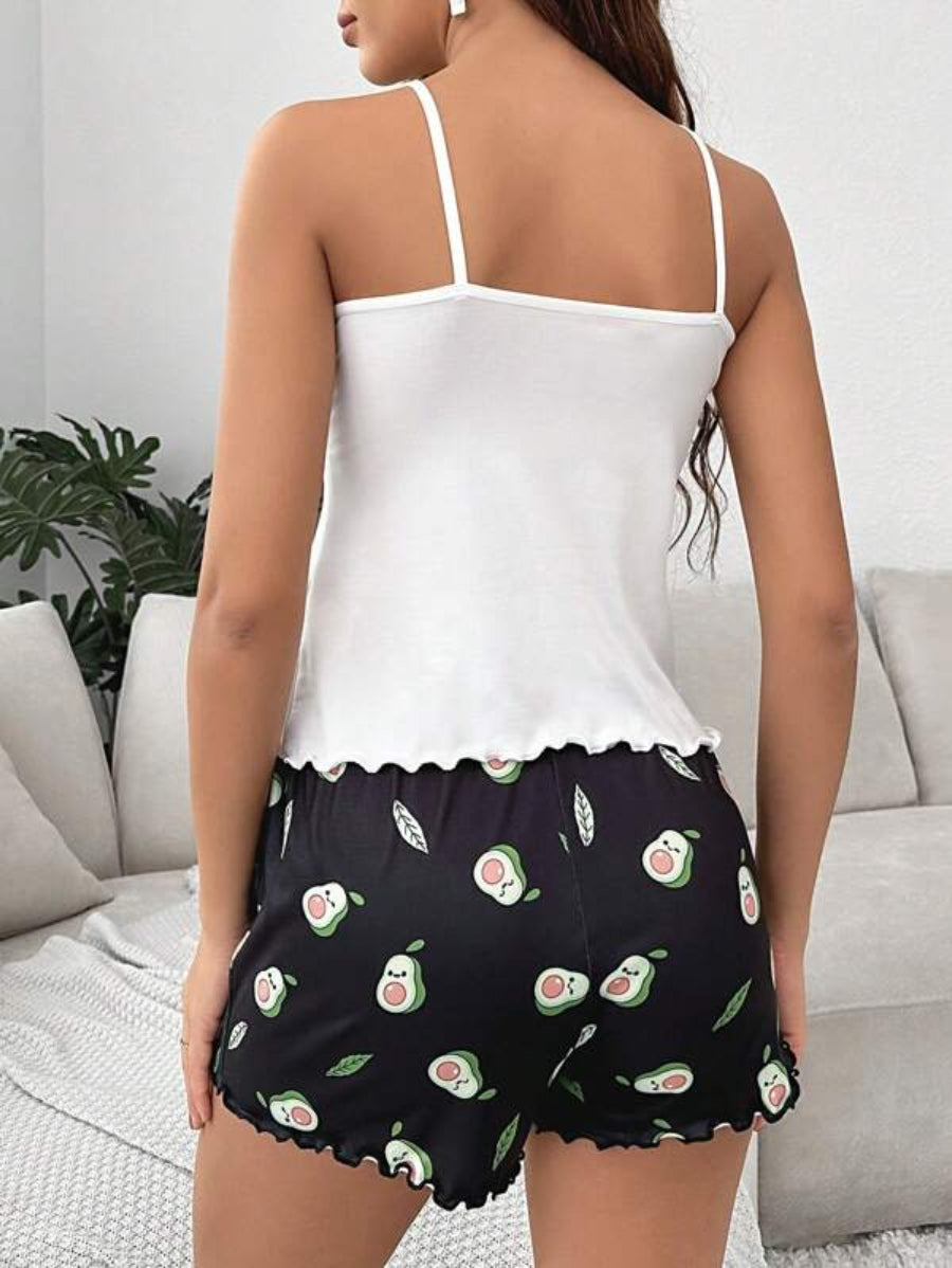 Cartoon Graphic Lettuce Trim Bow Front Shorts Set