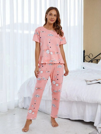 Cartoon Graphic Pant Set And Eye Cover Pink