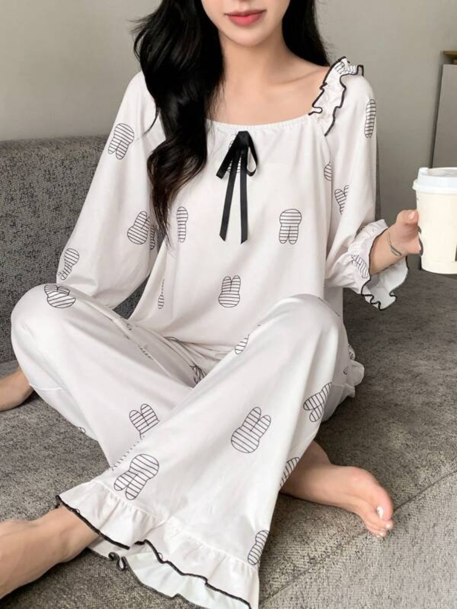 Cartoon Graphic Tie Front Flounce Sleeve Pant Set