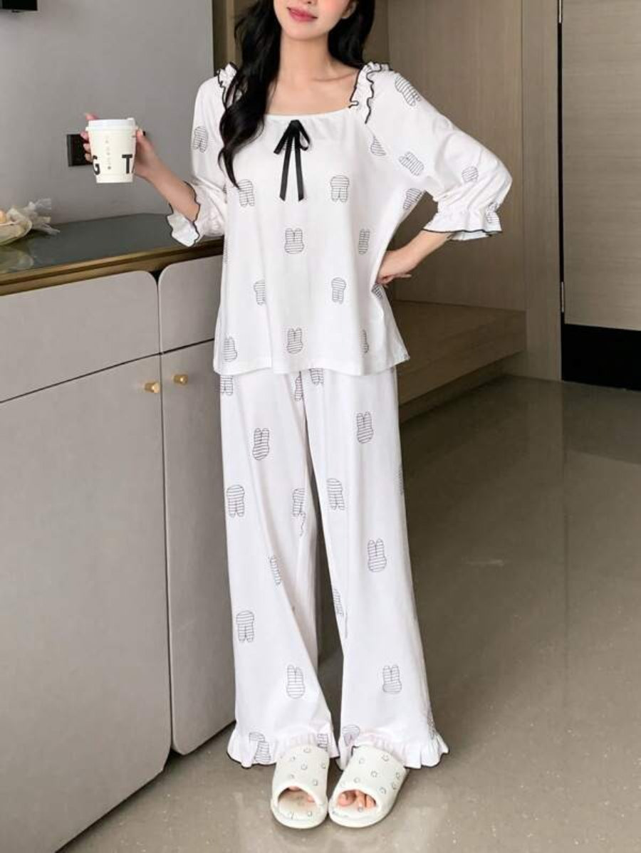 Cartoon Graphic Tie Front Flounce Sleeve Pant Set