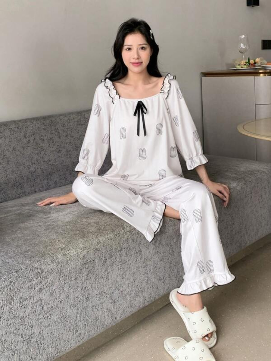 Cartoon Graphic Tie Front Flounce Sleeve Pant Set