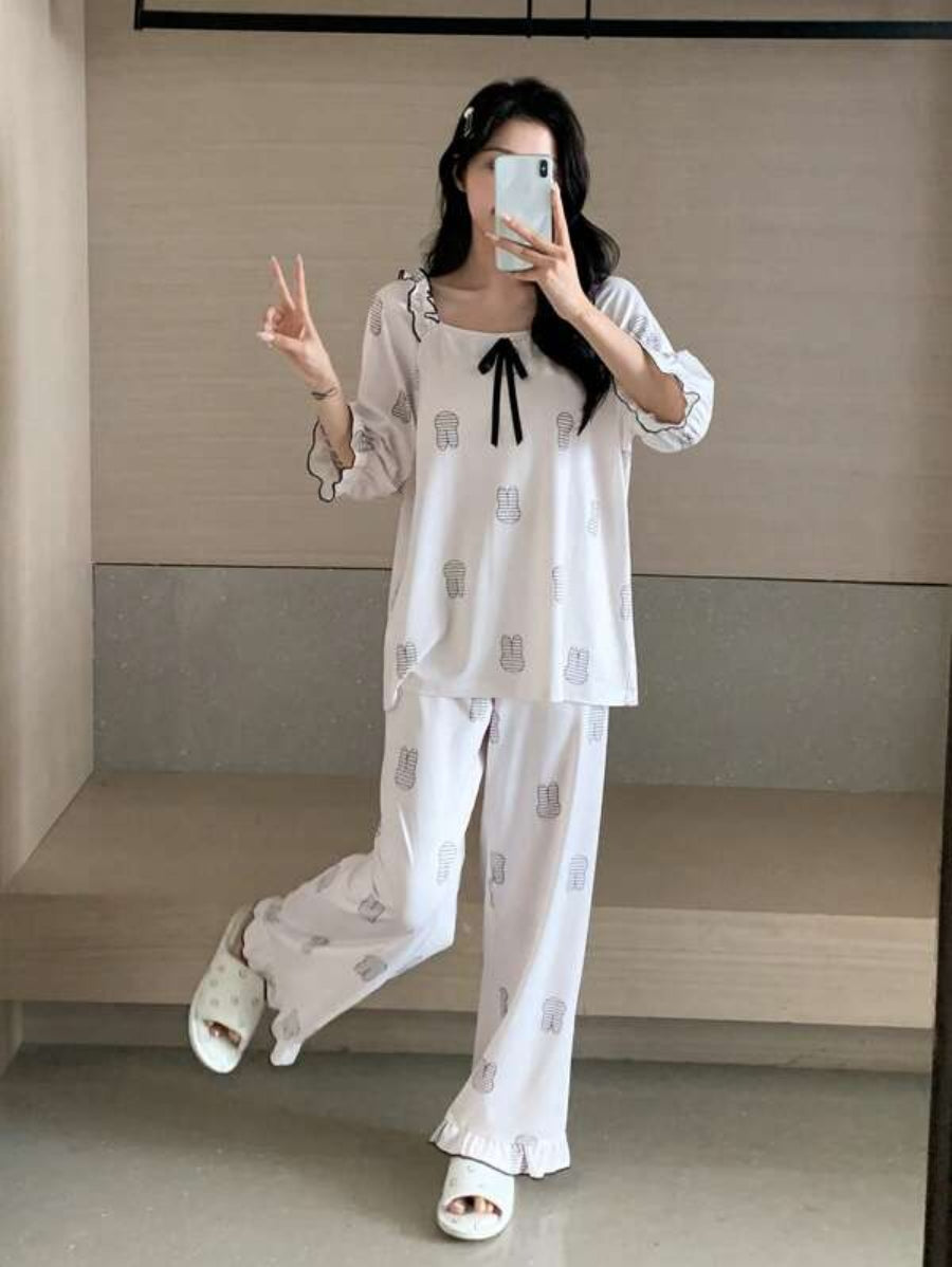 Cartoon Graphic Tie Front Flounce Sleeve Pant Set