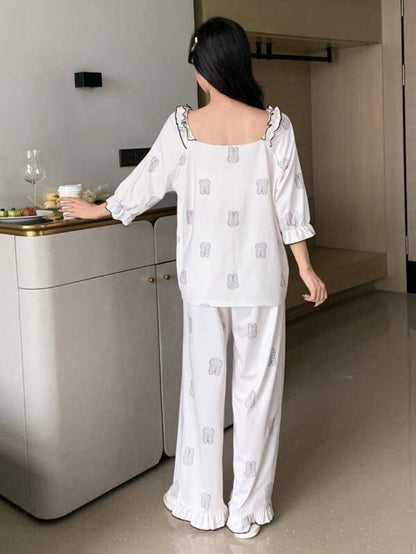 Cartoon Graphic Tie Front Flounce Sleeve Pant Set