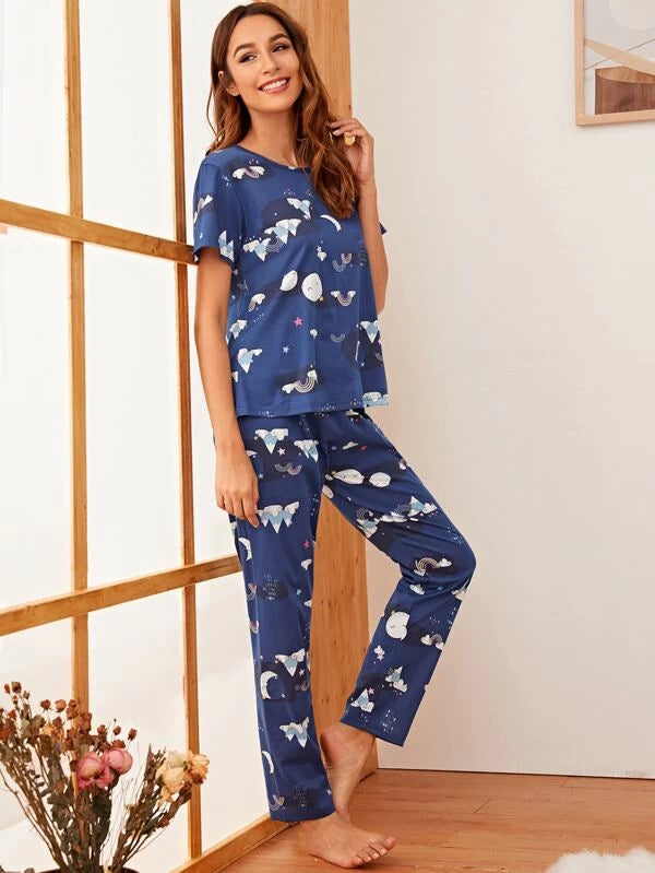 Cartoon Printed Pajama Set With Sleep Mask