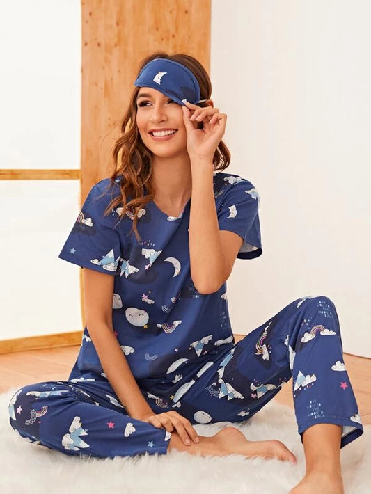 Cartoon Printed Pajama Set With Sleep Mask