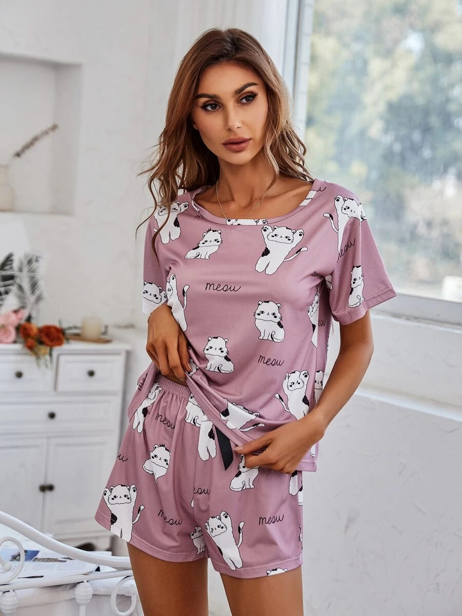 Cartoon And Letter Graphic Top And Knot Shorts Set