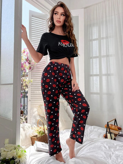 Casual Letter Graphic Tee And Pants Set