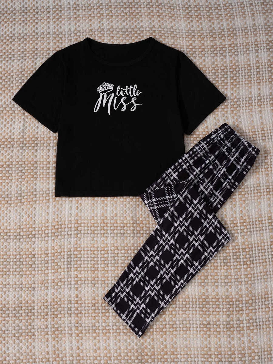 Casual Letter Graphic Tee And Plaid Pants Pajama Set