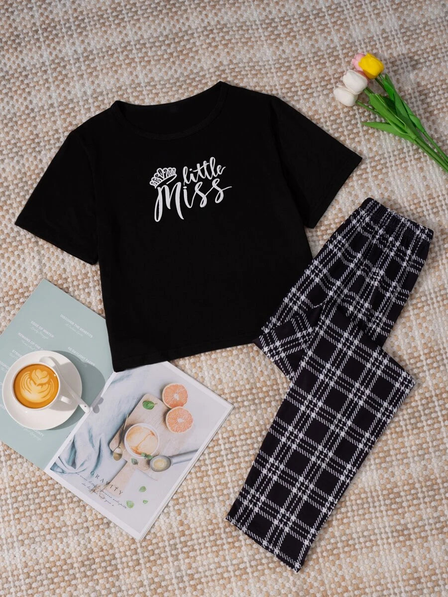 Casual Letter Graphic Tee And Plaid Pants Pajama Set