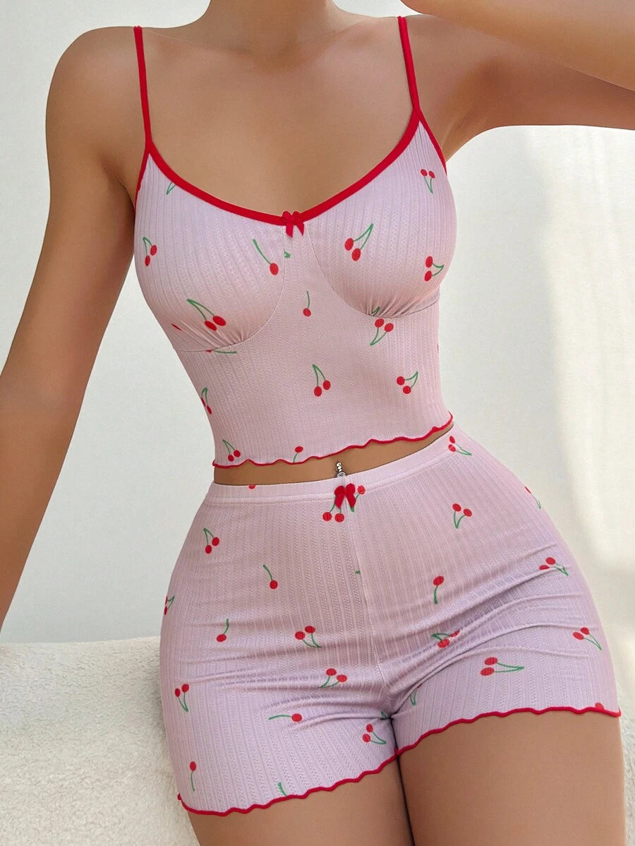 Cherry Print Lettuce Trim Cami Top Shorts Set