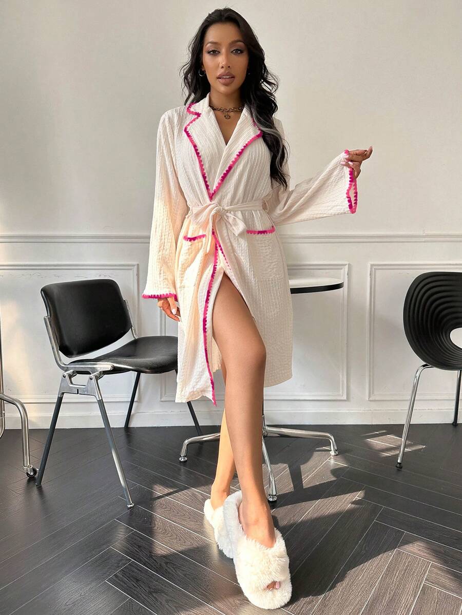 Contrast Binding Belted Robe Pink