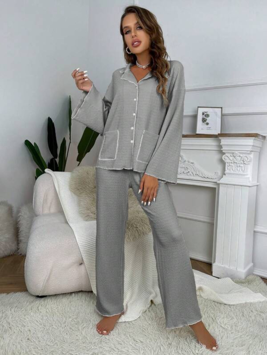 Contrast Binding Casual Lounge Set Gray