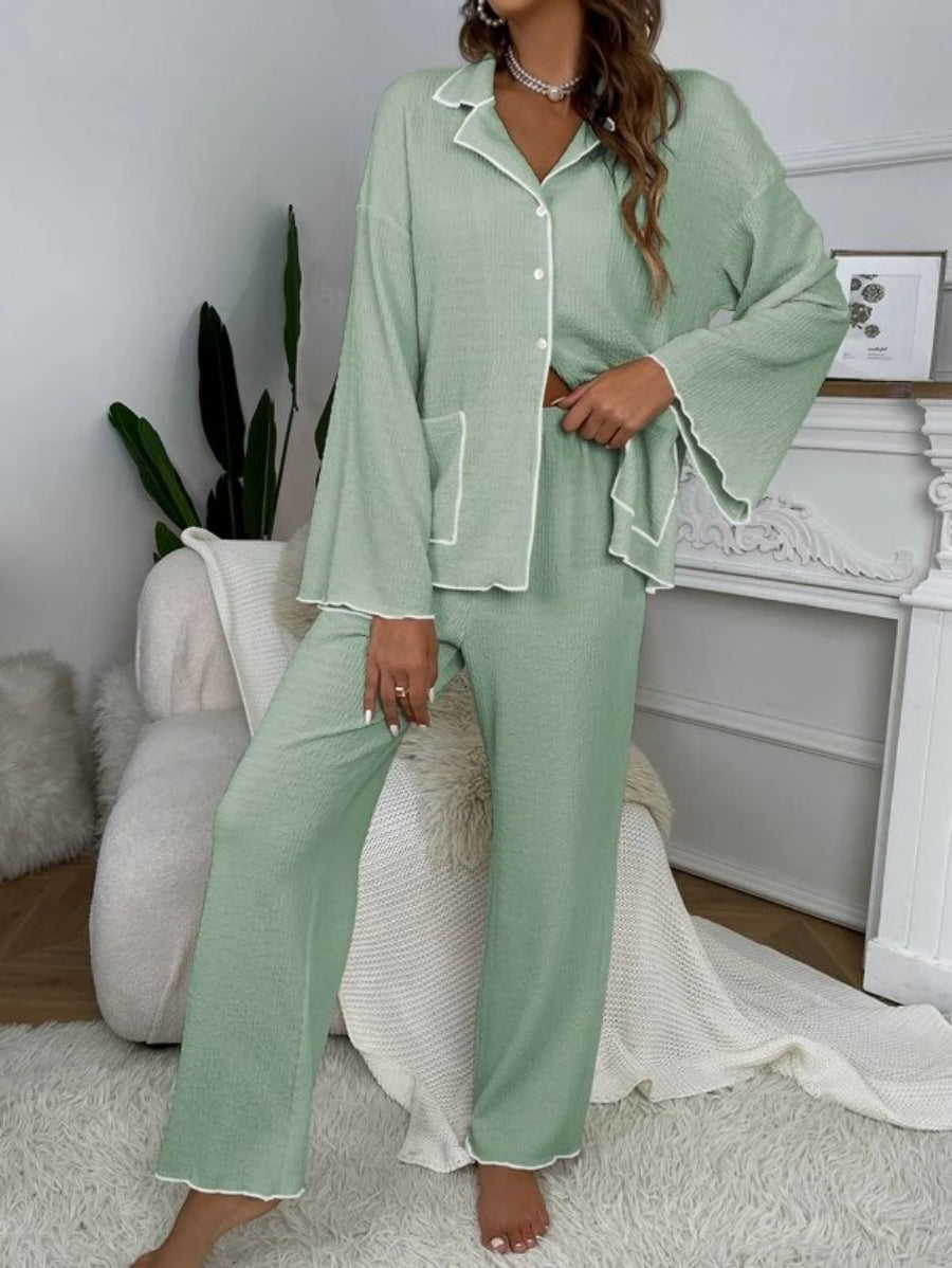 Contrast Binding Casual Lounge Set Green